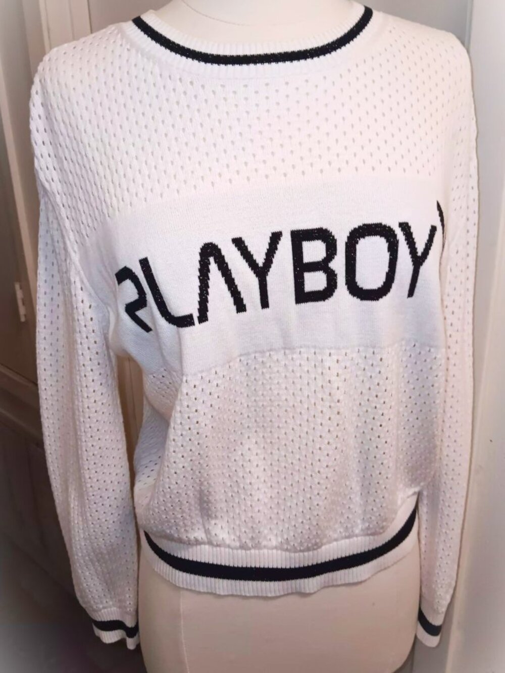 Playboy cotton sweater, rare. White with black trim and font (with gold sparkle)